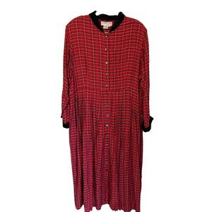 VTG Bedford Fair Plaid Tartan Maxi Dress Shoulder Pads 80s 90s Velvet Accent 1X